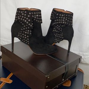 Black suede Alaia grommet ribbon ankle boots